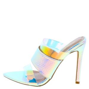 Gold Metallic Embossed Vegan Leather PVC Mermaid Block Heeled Mule Sanda…